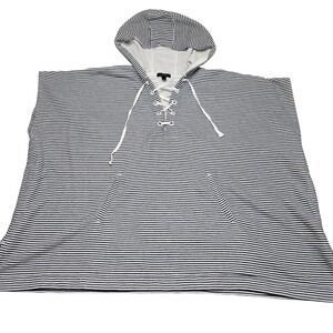 J Crew Hooded Poncho M L‎ Navy White Stripe Lace Up Resort Coastal Nautical